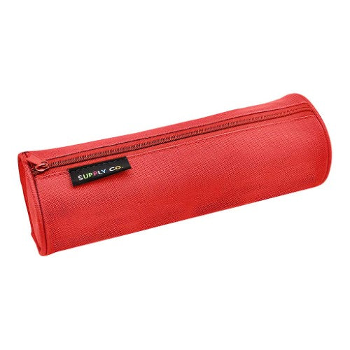 Durable red tube pencil case, 21x8cm, features a single zipper compartment for organizing stationery essentials.