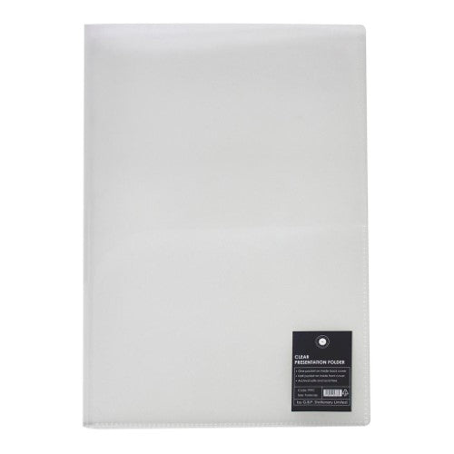 Clear presentation folder with sleek design, perfect for showcasing documents in professional settings.