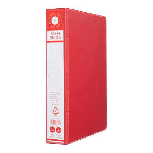 Red A4 Insert Binder with 2 D-rings, holds 250 sheets, made from recycled materials, perfect for organizing documents.