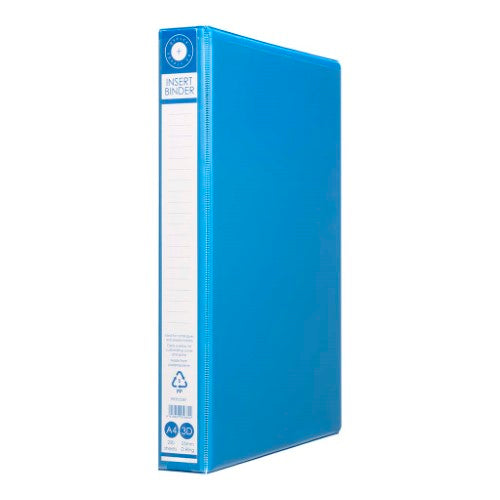 Blue OSC Insert Binder A4 with 3D rings holds 200 sheets; eco-friendly, customizable cover with pockets for extra storage.