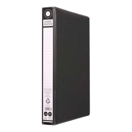 Black A4 OSC Insert Binder with 3 D-rings, 25mm capacity, eco-friendly design, and clear overlay for customizable covers.