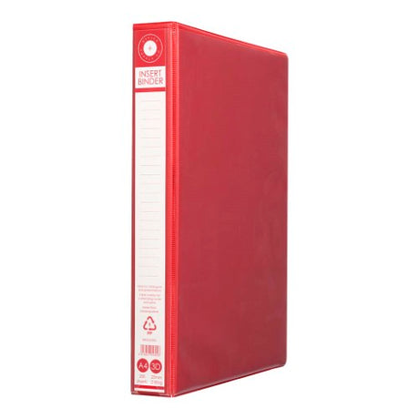 A vibrant red A4 insert binder with 3 D-rings, holding up to 200 sheets, made from recycled materials for eco-friendly filing.