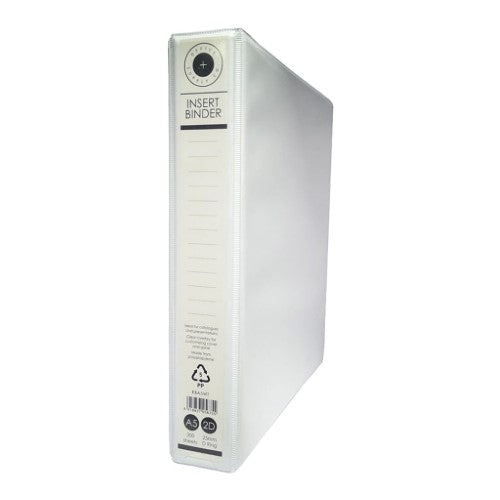 White OSC Insert Binder A5 with 2 D-rings, 25mm capacity, customizable cover, clear pockets, eco-friendly design.