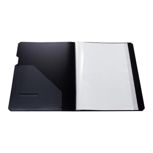OSC Eco Display Book A4 with 20 clear pockets, made from 100% Post Consumer Waste, in sleek black for stylish document organization.
