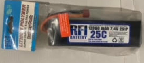 Li-Po 7.4V 12800mAh battery offering high power capacity and discharge rate for drones and RC cars.