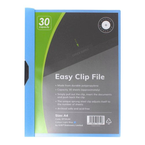 Light Blue OSC Clip Easy File A4 securely holds up to 30 sheets with a durable clip, ideal for organizing documents.