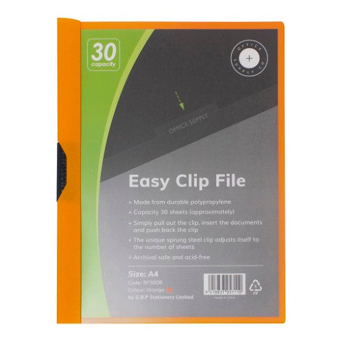 Vibrant orange OSC Clip Easy File A4, holds 30 sheets securely with a steel clip, perfect for stylish document organization.