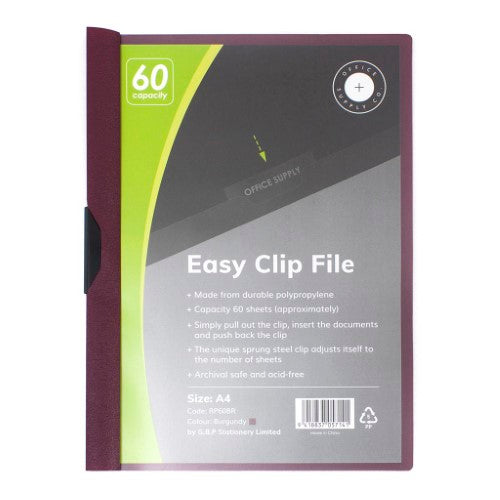 Burgundy OSC Clip Easy File A4, holds 60 sheets with durable clip, ideal for organizing documents professionally.