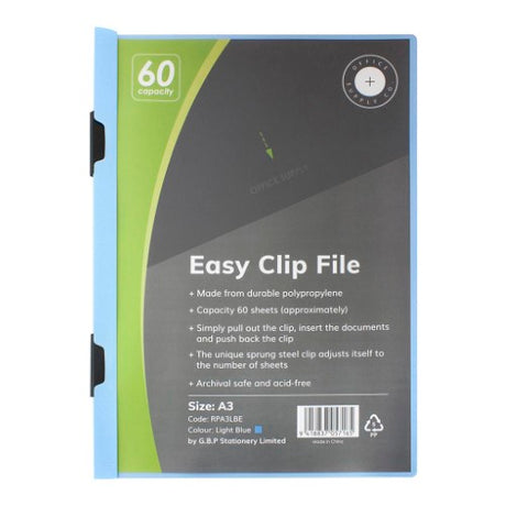 Light blue A3 folder with a spring steel clip, holds up to 60 sheets, perfect for organizing documents and presentations.