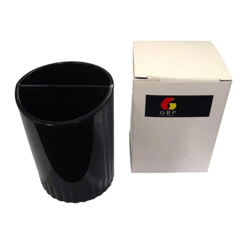 Round black pencil cup for organizing pens and pencils, measuring 70W x 95H mm, perfect for desk tidiness.