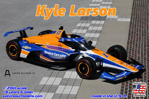 Model kit of Kyle Larson's #17 Arrow McLaren from the 2024 Indy 500, ideal for collectors and racing enthusiasts.