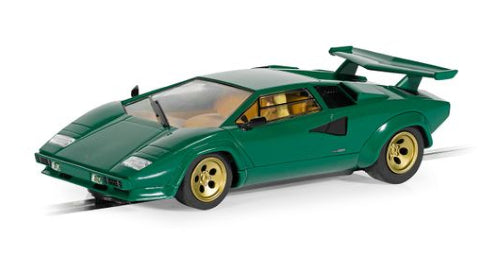 Metallic green Lamborghini Countach slot car, featuring precise detailing for dynamic racing and impressive display.