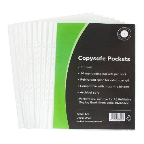 Pack of 10 OSC Copysafe A3 document sleeves, acid-free, with reinforced edges for durable protection and preservation.
