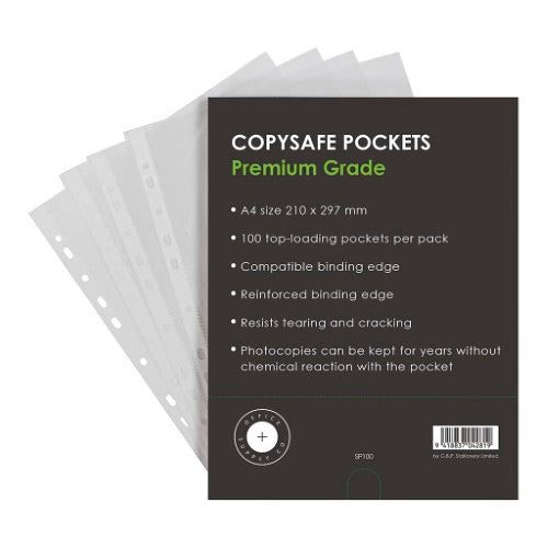 OSC Copysafe Pockets A4 Pack 100, acid-free document holders that resist tearing, perfect for organizing and protecting important papers.