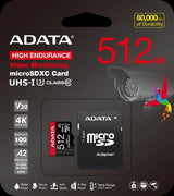 ADATA High Endurance microSDXC UHS-I U3 A2 V30 Card with Adapter 512GB