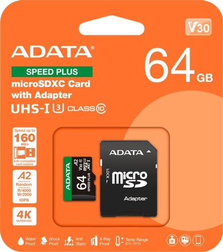 ADATA Speed Plus microSDXC UHS-I U3 A2 V30 Card with Adapter 64GB