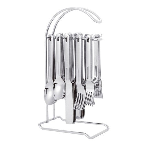 20 piece stainless steel cutlery set with 30cm stand, designed for four, includes knives, forks, and spoons for elegant dining.