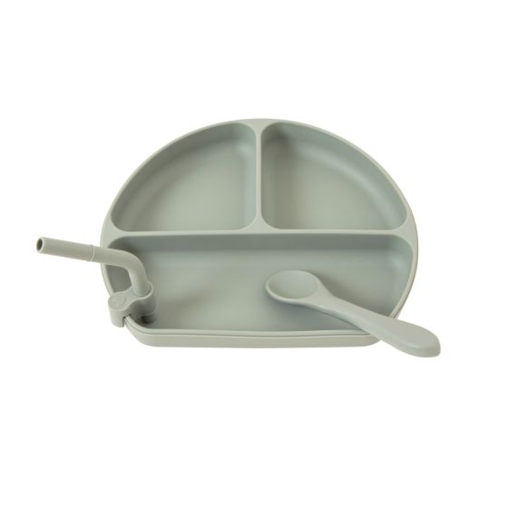 Silicone Plate With Straw & Spoon - Olive - All4Ella