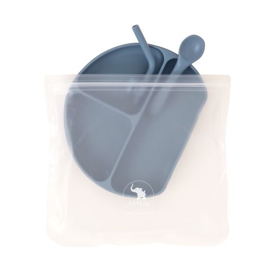 Silicone Plate With Straw & Spoon - Slate Blue - All4Ella