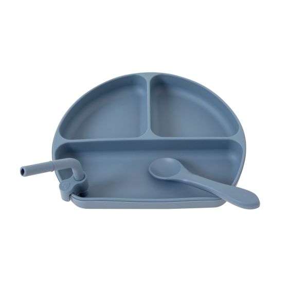Silicone Plate With Straw & Spoon - Slate Blue - All4Ella