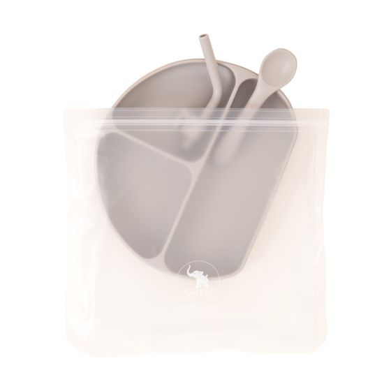 Silicone Plate With Straw & Spoon - Stone - All4Ella