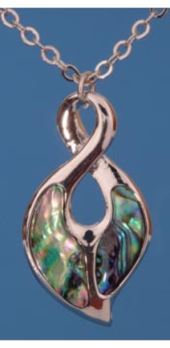 Paua Single Twist Pendant showcasing vibrant paua shell colors on a rhodium chain, symbolizing life's journey and love.