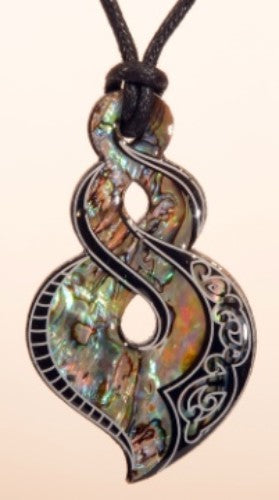 Paua Fancy Twist Pendant showing vibrant natural shell colors, symbolizing connection, on an adjustable black cord.
