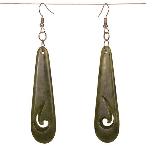 New Zealand Pounamu Greenstone Teardrop Koru Earrings 65mm