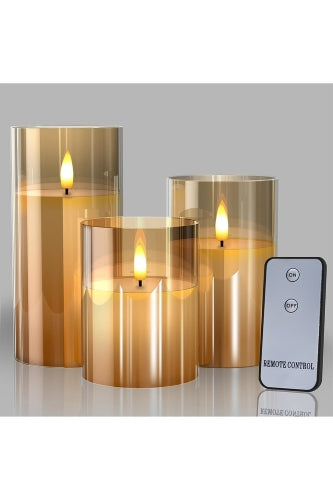 Set of 3 Full Flame LED Candle Vases (remote control) -  Gold