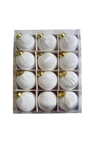 Velvet Christmas Baubles - White (12 pcs) - Size 8cmD
