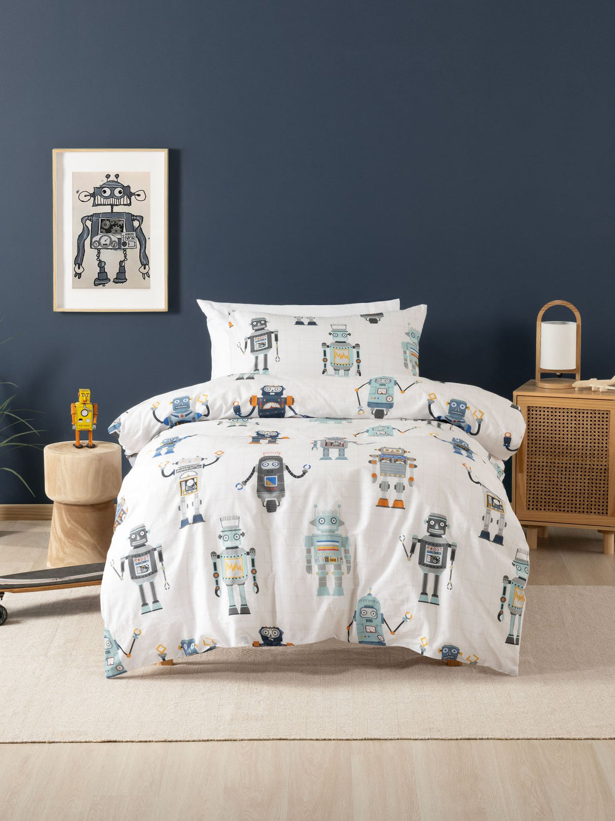 Single Duvet Cover Set - Retro Robot Duvet Cover Set by Squiggles - Multi