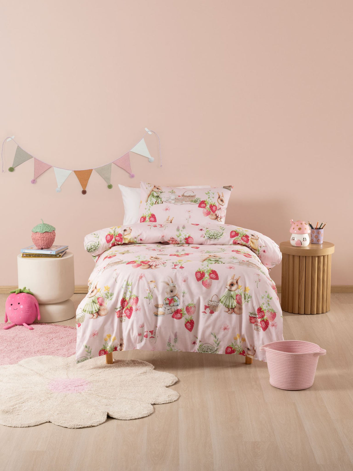 Single Duvet Cover Set - Strawberry Garden Duvet Cover Set by Squiggles - Blush