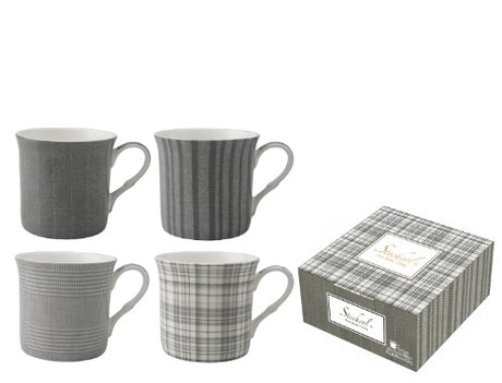 Set of 4 grey bone china mugs with fluted design, 295ml capacity, dishwasher safe, packaged in a gift box.