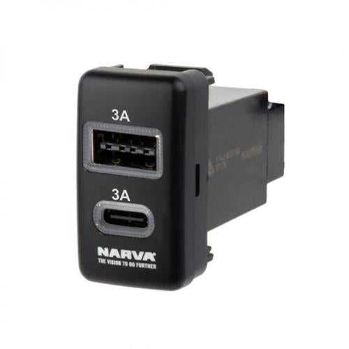 12V USB-A USB-C Port Switch Toyota Suzuki Blue Narva 63317BL