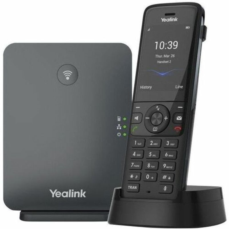 Yealink W78P DECT IP Phone: Cordless and corded, sleek black design, supports 10 handsets, optimal for small to medium businesses.