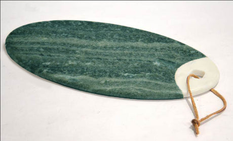 Elegant oval serving board in green and white marble, 40 x 21 cm, ideal for cheese and charcuterie presentations.