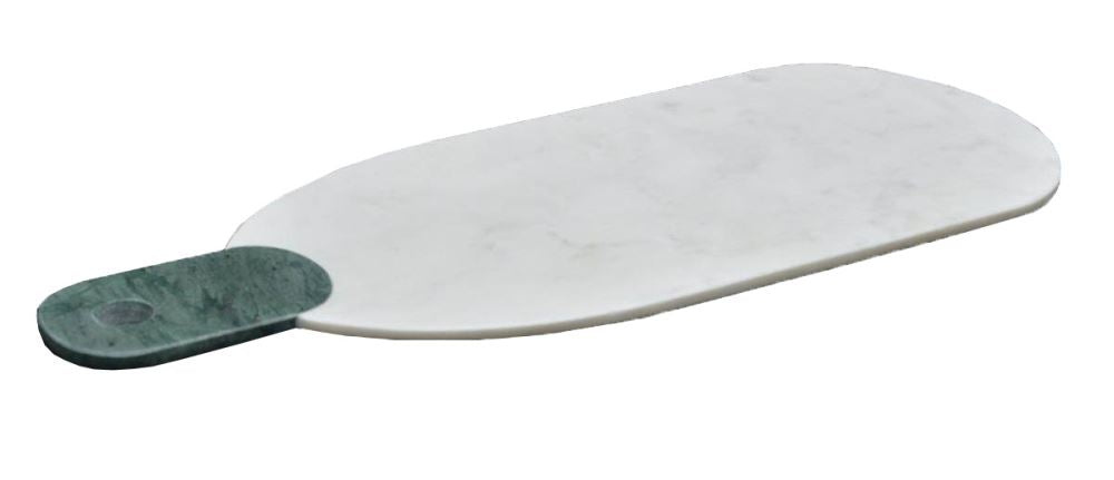 Stunning white marble cutting board with vibrant green handle, perfect for food prep and elegant serving.