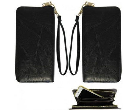 RFID Wallet in sleek black, featuring advanced RFID-blocking, soft PU leather, hand strap, and room for cards and smartphone.