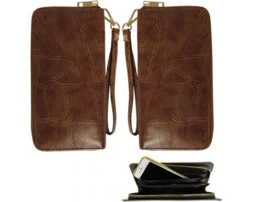 Tan RFID Wallet with soft PU leather, hand strap, and card protection against RFID skimming, fits smartphone.