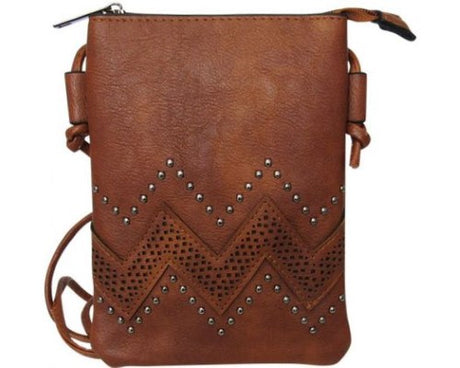 Soft dark tan shoulder bag with wave and pearl stud design, zip-top opening, and convenient back pocket for essentials.