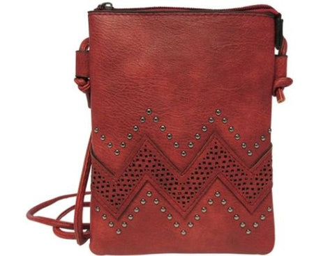 Soft red leather-look shoulder bag with wave and pearl stud design, zip compartment, and 67 cm strap drop.