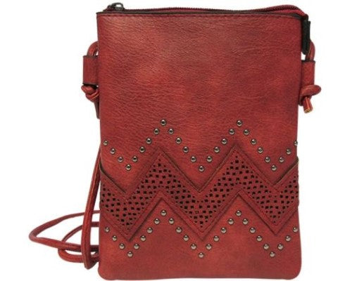 Soft red leather-look shoulder bag with wave and pearl stud design, zip compartment, and 67 cm strap drop.