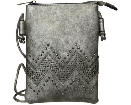 Stylish silver PU shoulder bag with wave design, pearl studs, zip main compartment, and back pocket for essentials.