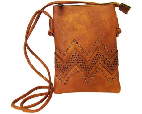 Soft tan shoulder bag with pearl studs and wave design, zip compartment, and 67 cm strap for stylish functionality.