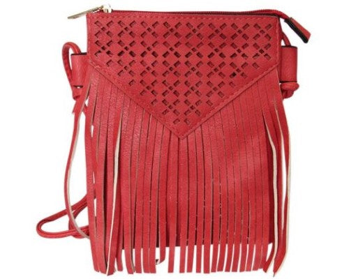 Cherry red shoulder bag with tassels, zip top, and back pocket; perfect for day-to-night use.