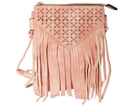 Soft pink rose PU shoulder bag with tassels, zip closure, and back pocket, perfect for daily use and stylish outings.