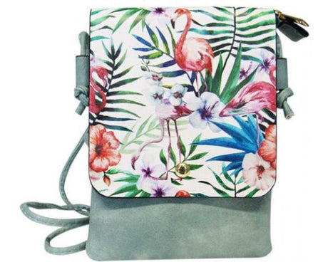 Colorful shoulder bag with tropical design, zip top, exterior pocket, and adjustable strap for stylish daily use.