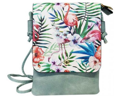 Colorful shoulder bag with tropical design, zip top, exterior pocket, and adjustable strap for stylish daily use.