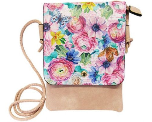 Soft PU shoulder bag with pastel flower design, zip top, and back pocket, 67 cm strap drop.