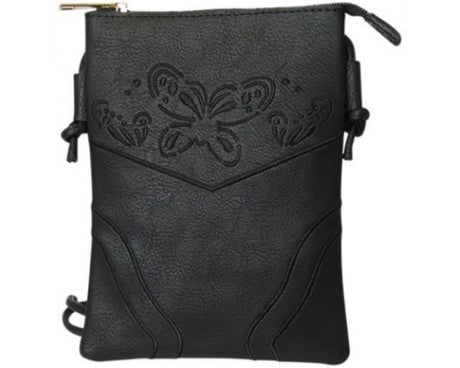 Stylish black leather-look PU shoulder bag with butterfly design, zip top, and adjustable strap for comfort.